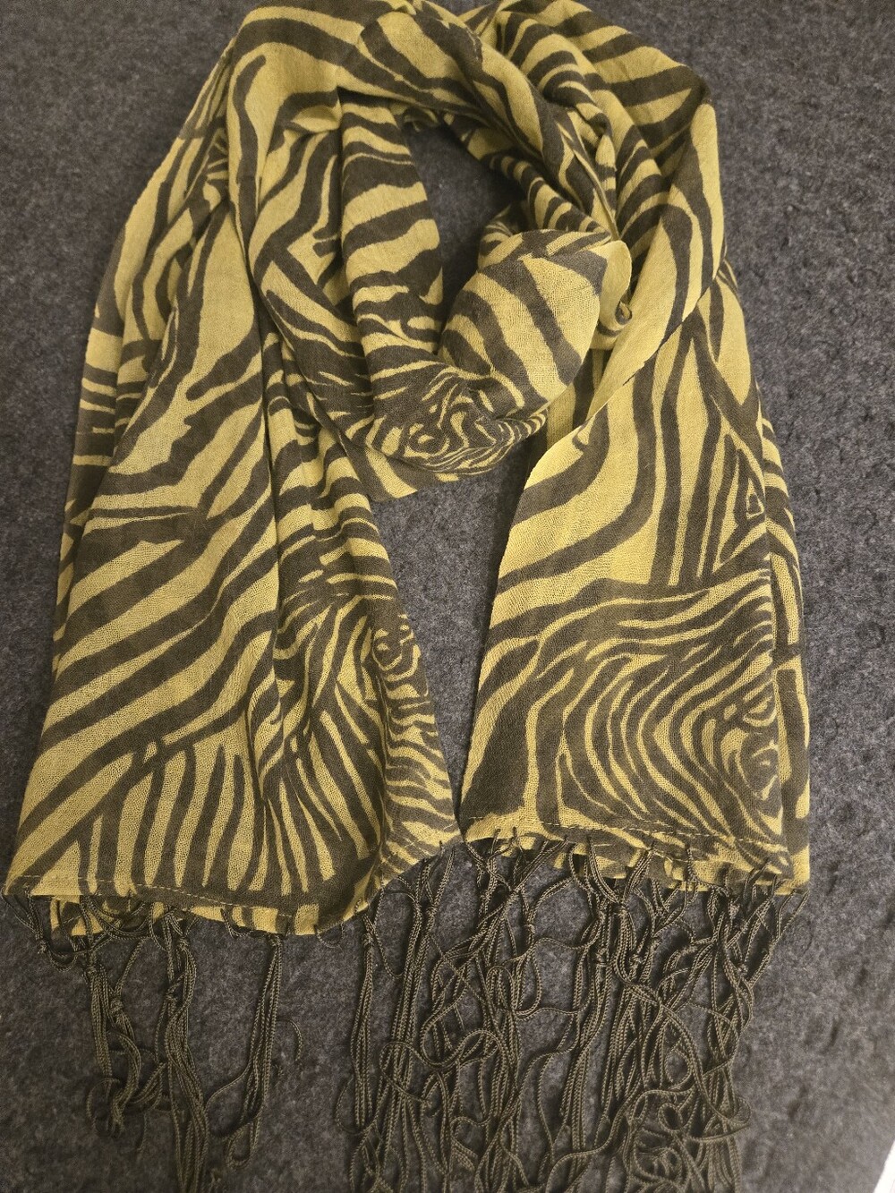 Lucky Brand Olive and Dark Brown Zebra-Print Fringe Scarf